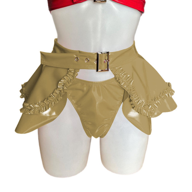 Wet Look PVC Leather Briefs + Skirts Sexy Nightclub Two-piece Lingerie Set with Ruffle Cosplay Outfits Frill Buckle Miniskirt
