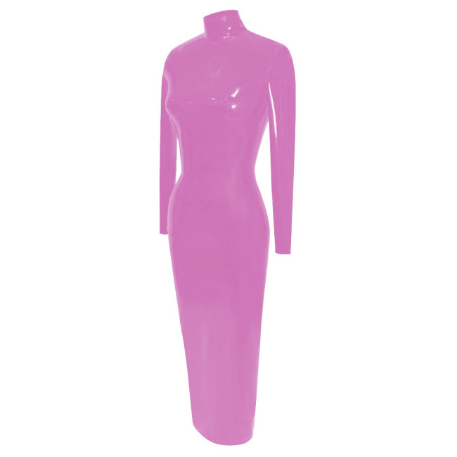 Elegance Long Sleeve Tight Solid Faux Latex Sissy Dress Women Turtleneck PVC Bodycon Maxi Dress Clubwear Wet Sexy Hobble Dress