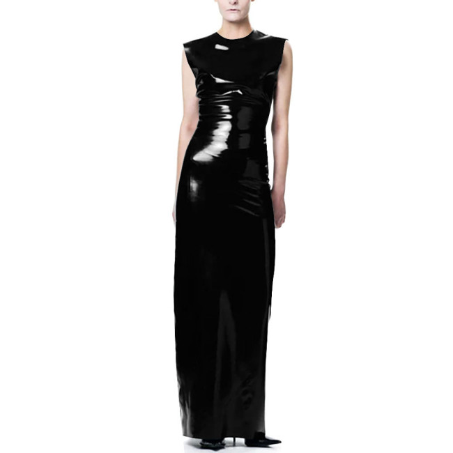 Elegant O-Neck Wetlook Long Dress Vinyl Sleeveless PVC Leather Straight Dress for Womens Office Ladies Evening Party Vestidos