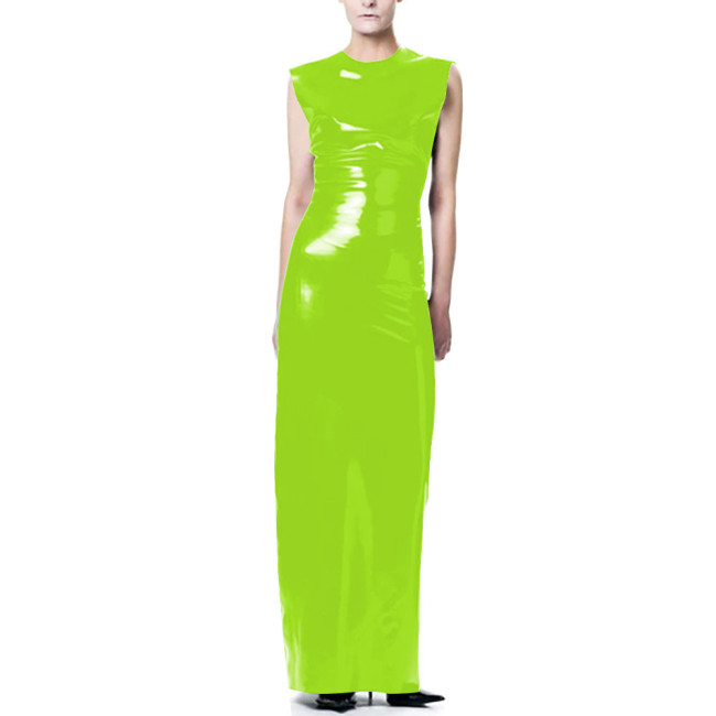 Elegant O-Neck Wetlook Long Dress Vinyl Sleeveless PVC Leather Straight Dress for Womens Office Ladies Evening Party Vestidos