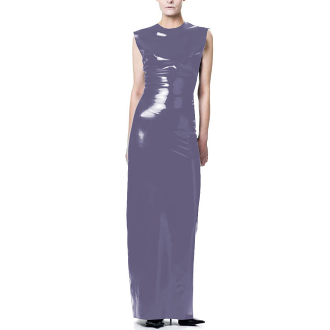 Elegant O-Neck Wetlook Long Dress Vinyl Sleeveless PVC Leather Straight Dress for Womens Office Ladies Evening Party Vestidos