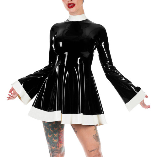 Mock Neck Flare Sleeve A-line PVC Leather Dress Women Slim Patchwork Mini Dress Elegance Short Dress Casual Solid Color Vestido