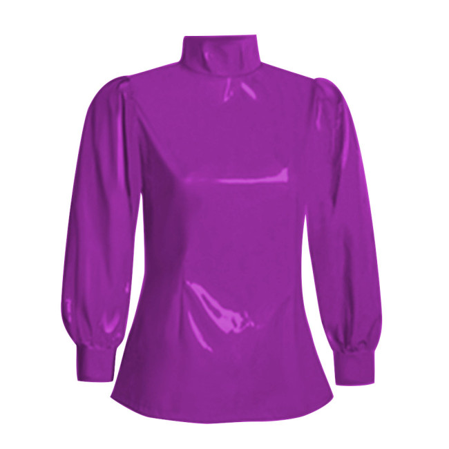 Office Ladies Tops Slim Fit Long Sleeve Faux Latex Women Blouse Turtleneck PVC Leather Bodycon Solid Color Blouse Tops Casual