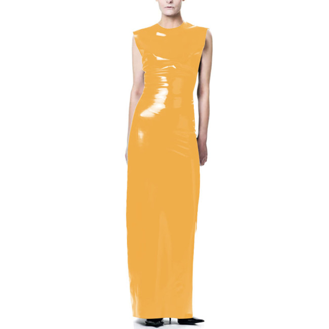 Elegant O-Neck Wetlook Long Dress Vinyl Sleeveless PVC Leather Straight Dress for Womens Office Ladies Evening Party Vestidos
