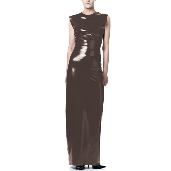 Elegant O-Neck Wetlook Long Dress Vinyl Sleeveless PVC Leather Straight Dress for Womens Office Ladies Evening Party Vestidos
