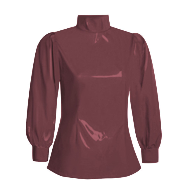 Office Ladies Tops Slim Fit Long Sleeve Faux Latex Women Blouse Turtleneck PVC Leather Bodycon Solid Color Blouse Tops Casual