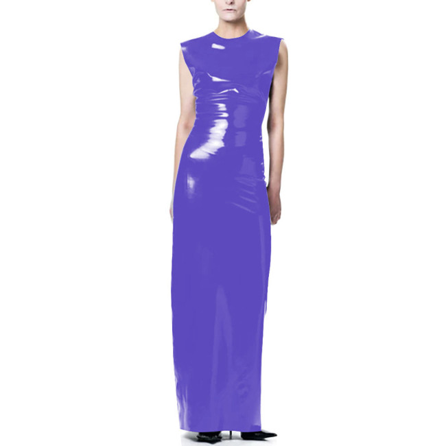 Elegant O-Neck Wetlook Long Dress Vinyl Sleeveless PVC Leather Straight Dress for Womens Office Ladies Evening Party Vestidos
