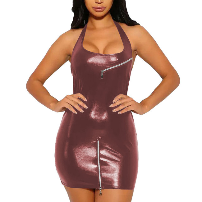 Summer Sexy Girl Mini Dress for Women Zipper Design Halter Bodycon Dress Vestidos Slim Fit Revelry Party Sleeveless Dress Sissy