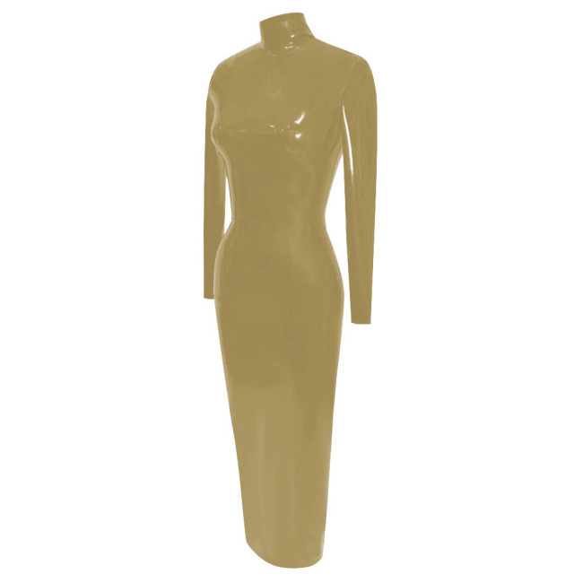 Elegance Long Sleeve Tight Solid Faux Latex Sissy Dress Women Turtleneck PVC Bodycon Maxi Dress Clubwear Wet Sexy Hobble Dress