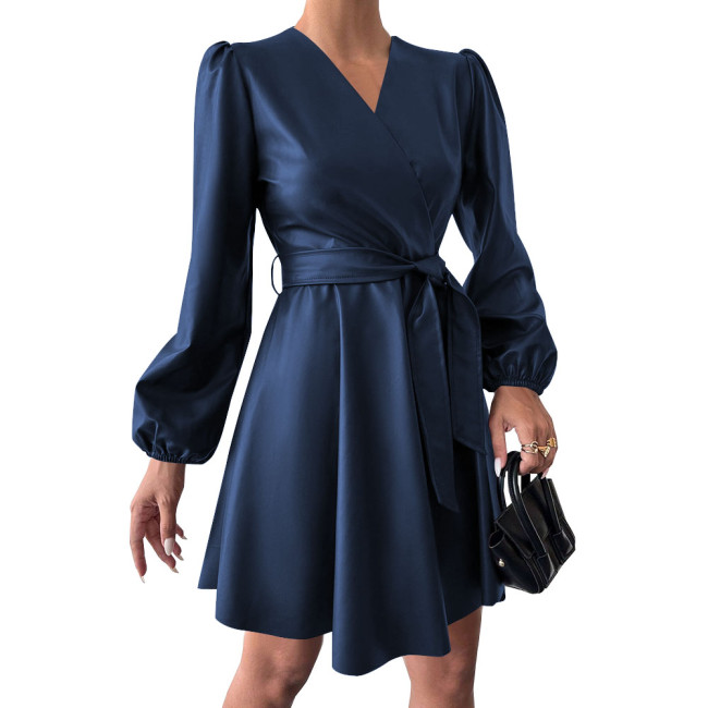 Fashion Puff Long Sleeve V-neck Dress Vintage Women Casual PU Leather Dress with Belt Matte Cocktail Gown Party Vestidos Female