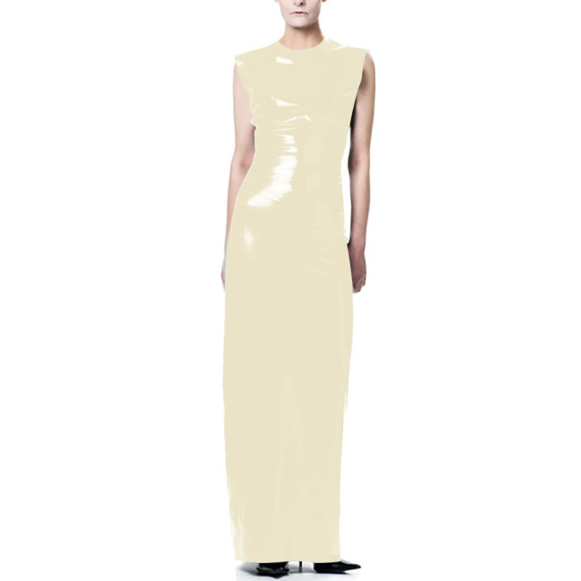 Elegant O-Neck Wetlook Long Dress Vinyl Sleeveless PVC Leather Straight Dress for Womens Office Ladies Evening Party Vestidos