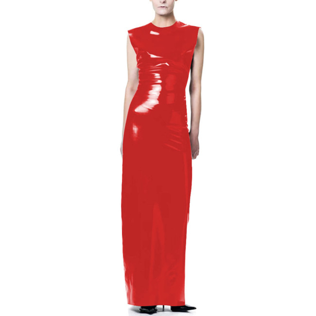 Elegant O-Neck Wetlook Long Dress Vinyl Sleeveless PVC Leather Straight Dress for Womens Office Ladies Evening Party Vestidos