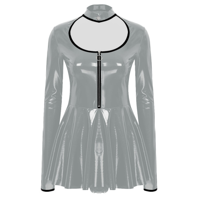 Sissy Party PVC Shiny Babydoll Bodysuit Wetlook Long Sleeved A-line Skirted Leotard Sexy Hollow Glossy PU Leather Catsuit Female