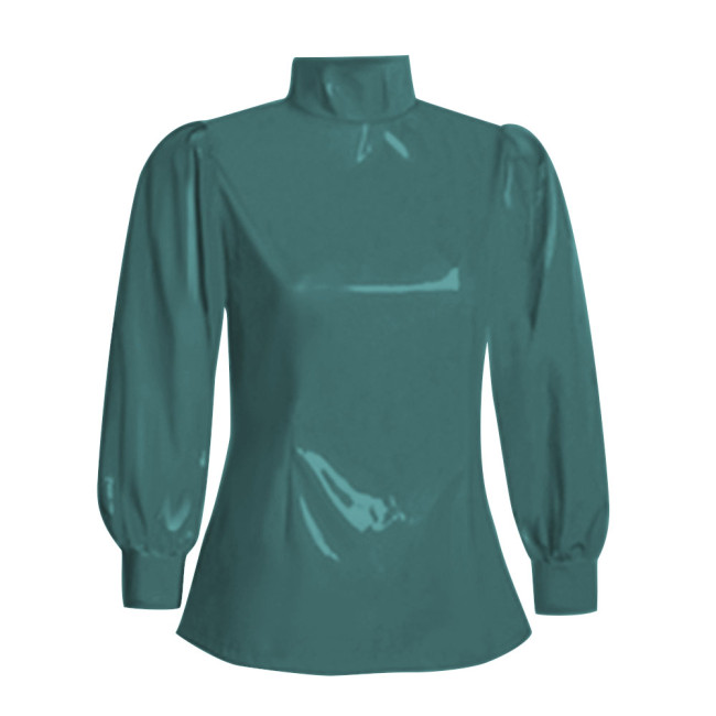 Office Ladies Tops Slim Fit Long Sleeve Faux Latex Women Blouse Turtleneck PVC Leather Bodycon Solid Color Blouse Tops Casual