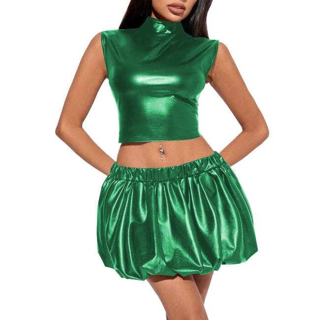 High Neck Tank Crop Top Mini Skirt Sets Shiny Metallic 2 Piece Sets Womens Outfits Slim Fit Summer Party Faux Leather Dress Sets