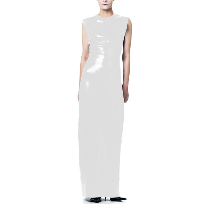 Elegant O-Neck Wetlook Long Dress Vinyl Sleeveless PVC Leather Straight Dress for Womens Office Ladies Evening Party Vestidos