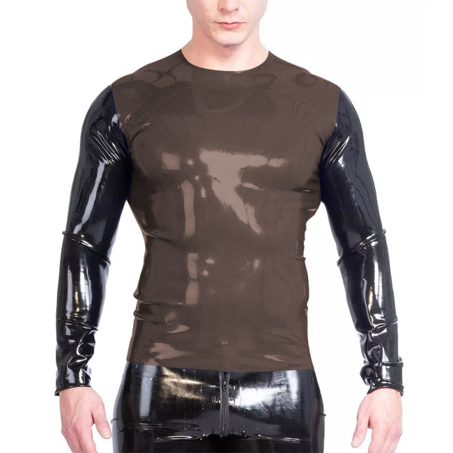 Fashion Faux Latex T Shirt Men Gothic Patchwork Long Sleeve Slim Fit O-neck T-Shirts Tops Outdoor Mens Oversize Tees Daily Wear