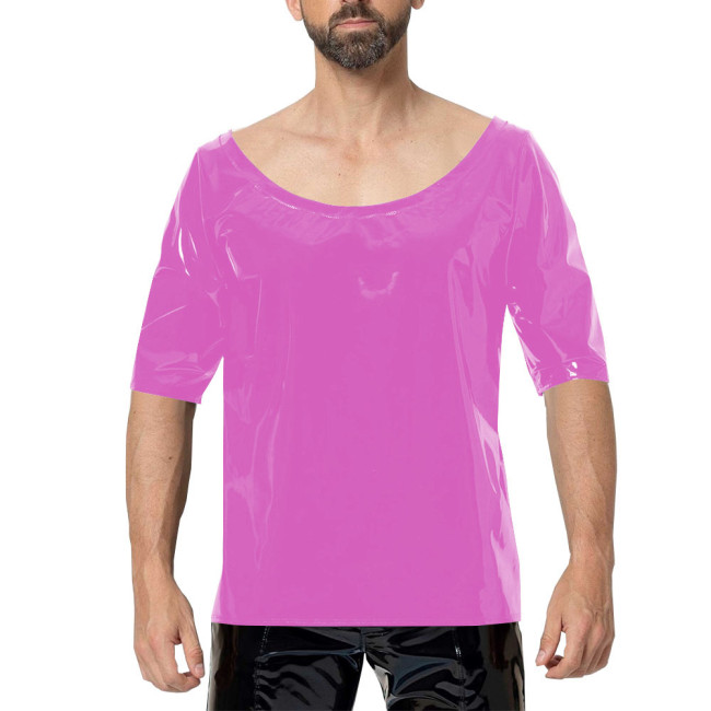 Scoop Neck Men PVC Faux Leather T-Shirts Sexy Club Half Sleeved Tops Fashion Street Wear Wetlook T-shirt Vinyl Tees Undershirt
