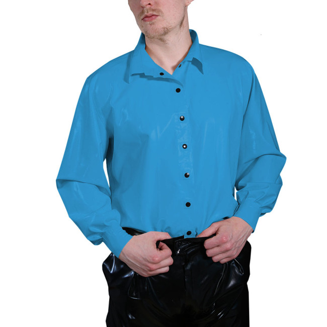 Long Sleeve T Shirt Men Turn-down Collar PVC Button Shirts Faux Latex Men Clothing Casual Slim Fit Plus Size Tops Streetwear