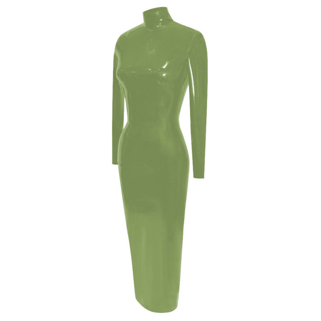 Elegance Long Sleeve Tight Solid Faux Latex Sissy Dress Women Turtleneck PVC Bodycon Maxi Dress Clubwear Wet Sexy Hobble Dress