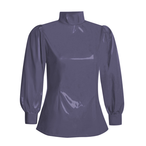 Office Ladies Tops Slim Fit Long Sleeve Faux Latex Women Blouse Turtleneck PVC Leather Bodycon Solid Color Blouse Tops Casual