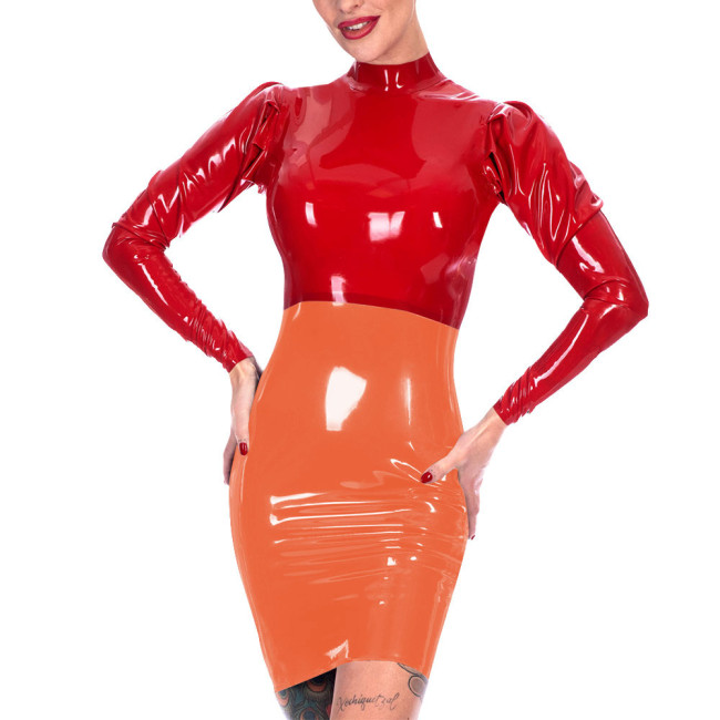 Fetish Womens Bodycon Mini Dress Patchwork Long Sleeve Skinny Party Dress Wetlook PVC Leather Clubwear Back Zipper Tight Vestido