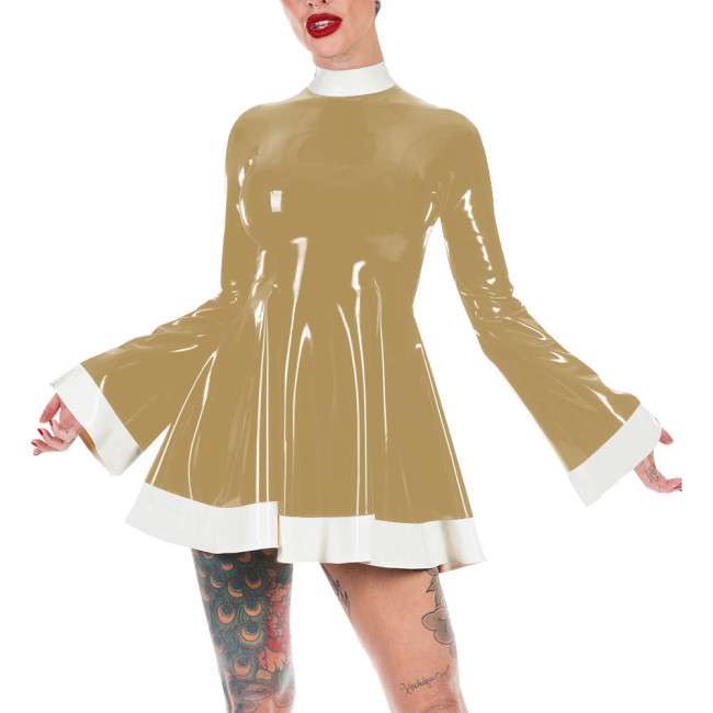 Mock Neck Flare Sleeve A-line PVC Leather Dress Women Slim Patchwork Mini Dress Elegance Short Dress Casual Solid Color Vestido