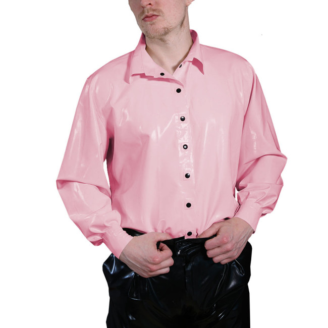 Long Sleeve T Shirt Men Turn-down Collar PVC Button Shirts Faux Latex Men Clothing Casual Slim Fit Plus Size Tops Streetwear