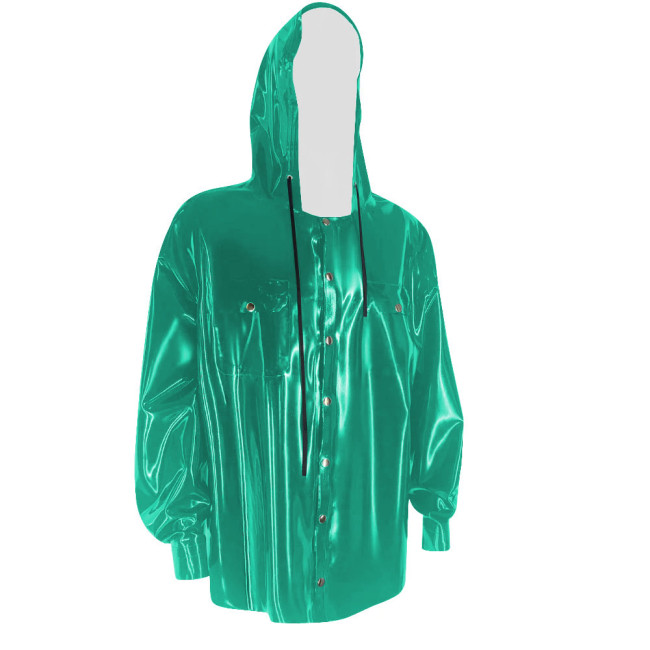 Fashion PVC Leather Jacket Mens Slim Fit Long Sleeve Hooded Coats Men Sissy Casual Plus Size Latex Look Jackets Club Clothing