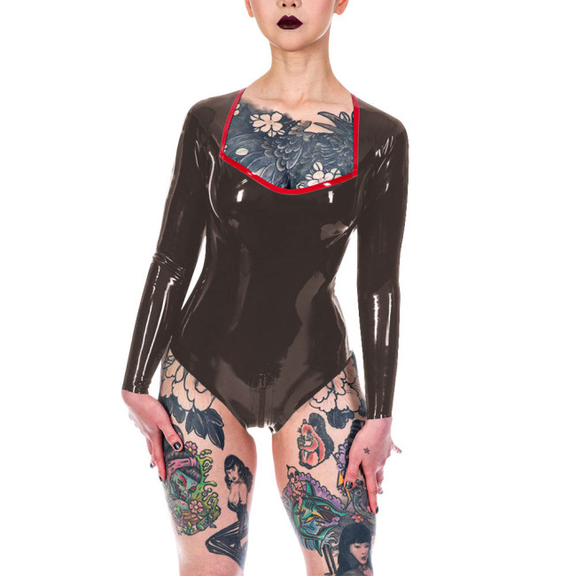 Plunging Neckline High Cut Faux Latex Bodysuit Women Long Sleeve Sexy Bodysuit Lingerie One Piece Open Crotch Teddies Clubwear