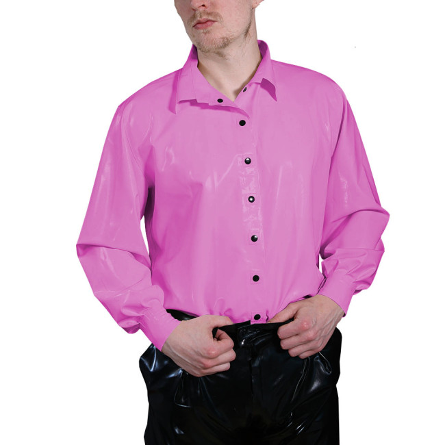 Long Sleeve T Shirt Men Turn-down Collar PVC Button Shirts Faux Latex Men Clothing Casual Slim Fit Plus Size Tops Streetwear