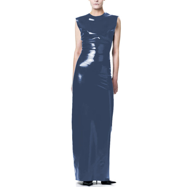 Elegant O-Neck Wetlook Long Dress Vinyl Sleeveless PVC Leather Straight Dress for Womens Office Ladies Evening Party Vestidos