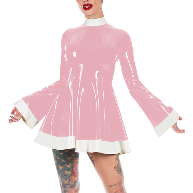 Mock Neck Flare Sleeve A-line PVC Leather Dress Women Slim Patchwork Mini Dress Elegance Short Dress Casual Solid Color Vestido