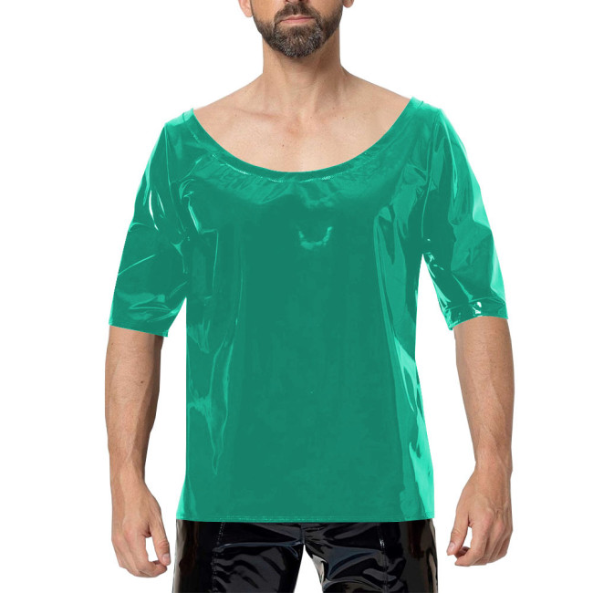 Scoop Neck Men PVC Faux Leather T-Shirts Sexy Club Half Sleeved Tops Fashion Street Wear Wetlook T-shirt Vinyl Tees Undershirt