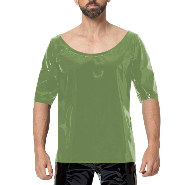 Scoop Neck Men PVC Faux Leather T-Shirts Sexy Club Half Sleeved Tops Fashion Street Wear Wetlook T-shirt Vinyl Tees Undershirt