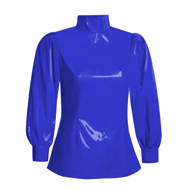 Office Ladies Tops Slim Fit Long Sleeve Faux Latex Women Blouse Turtleneck PVC Leather Bodycon Solid Color Blouse Tops Casual