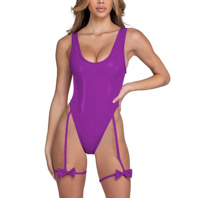 Party Vinyl PVC Leather Bodysuit for Womens Exotic Sleeveless Sexy U-neck Romper Club Cosplay Lingerie Female Zipper Back Zentai