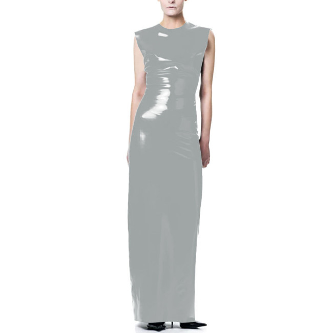 Elegant O-Neck Wetlook Long Dress Vinyl Sleeveless PVC Leather Straight Dress for Womens Office Ladies Evening Party Vestidos