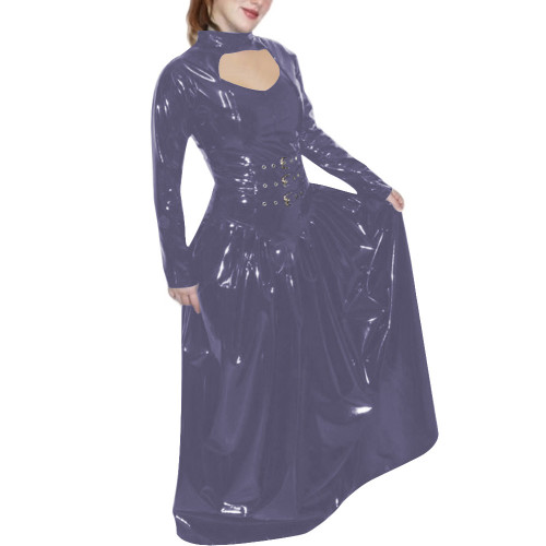 Sissy PVC Faux Leather Long Dress Wetlook Hollow A-line Swing Maxi Dress Long Sleeved Elegant Vintage Robe Raves Party Vestidos