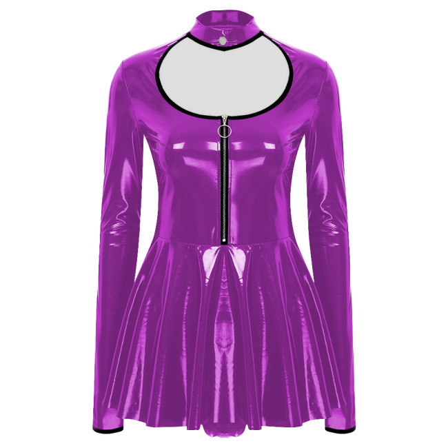 Sissy Party PVC Shiny Babydoll Bodysuit Wetlook Long Sleeved A-line Skirted Leotard Sexy Hollow Glossy PU Leather Catsuit Female