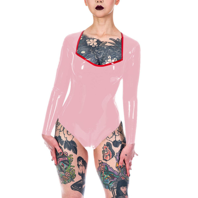 Plunging Neckline High Cut Faux Latex Bodysuit Women Long Sleeve Sexy Bodysuit Lingerie One Piece Open Crotch Teddies Clubwear