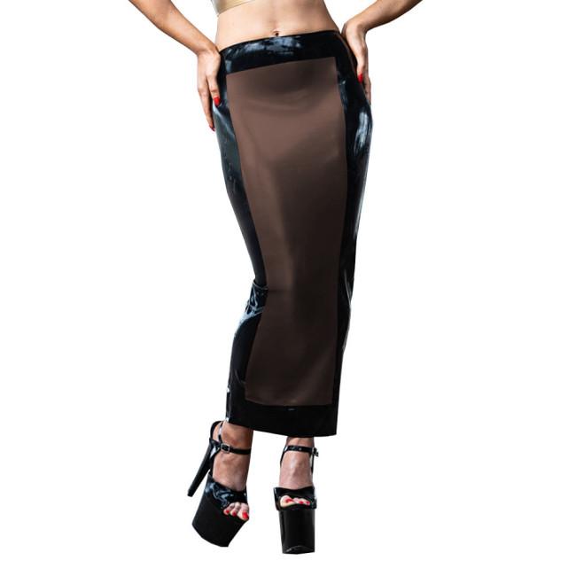 Women High Waist PVC Leather Skirt Patchwork Stretch Bodycon Long Skirt Casual Hobble Ankle Length Faux Latex Skirts Fetish Wear