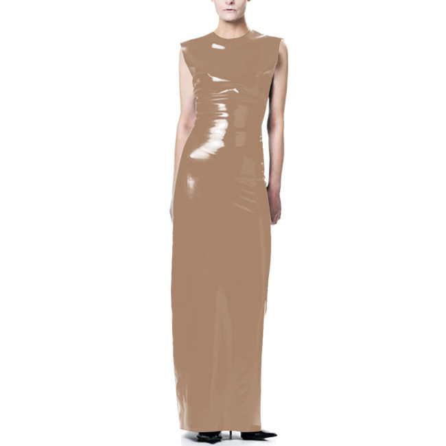 Elegant O-Neck Wetlook Long Dress Vinyl Sleeveless PVC Leather Straight Dress for Womens Office Ladies Evening Party Vestidos