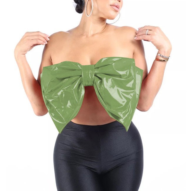 Fashion Sexy Large Bow Strapless Croped Tops Wetlook PVC Sleeveless Tube Wrap Bustier Hotties Glossy Faux Leather Camisole Top