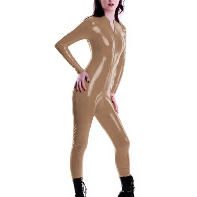 Latex-look Zipper Open Crotch Womens Jumpsuit Party Cosplay Long Sleeve Bodysuit Shiny PVC Leather Catsuit Plus Size Rompers 7XL