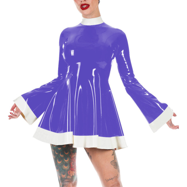 Mock Neck Flare Sleeve A-line PVC Leather Dress Women Slim Patchwork Mini Dress Elegance Short Dress Casual Solid Color Vestido