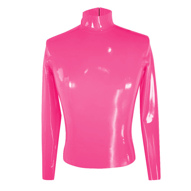 Wetlook Oversized T Shirt Men Clothing Sissy Long Sleeve Bodycon PVC Leather One Piece T Shirt Party Club High Neck Tops Casual