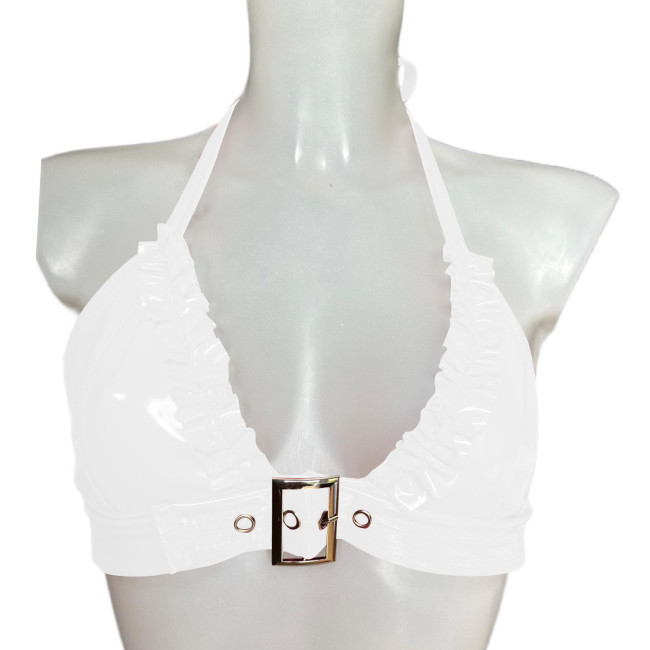 Womens Halter Ruffles PVC Shiny Bra Tops Sexy Buckle Lingerie Nightclub Party Costume Sissy Rave Party Underwear Nightwear 7XL