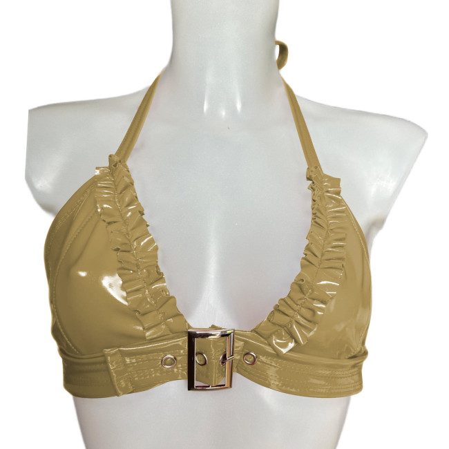 Womens Halter Ruffles PVC Shiny Bra Tops Sexy Buckle Lingerie Nightclub Party Costume Sissy Rave Party Underwear Nightwear 7XL
