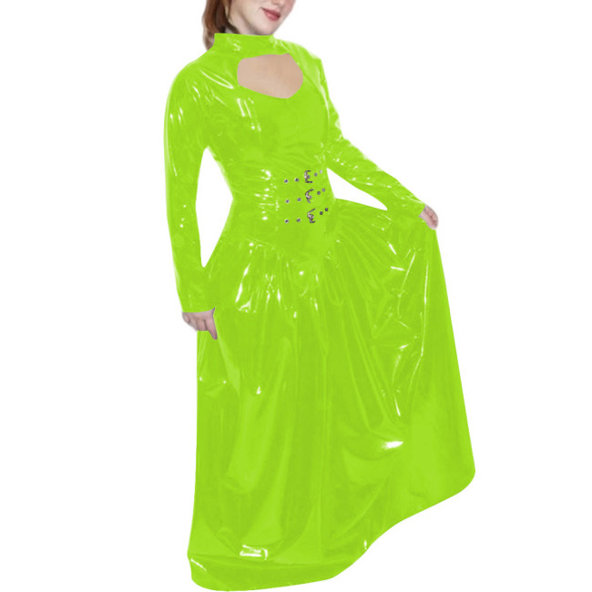 Sissy PVC Faux Leather Long Dress Wetlook Hollow A-line Swing Maxi Dress Long Sleeved Elegant Vintage Robe Raves Party Vestidos